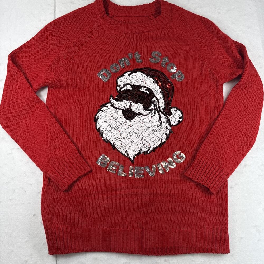 Red Sequin Santa Don't Stop Believing Ugly Christmas Sweater Womens Small